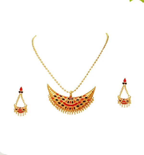 Assamese_Traditional_Gold_Plated_Red_Black_Colour_Joonbiri_Chain_Jewellery_Set_For_Women